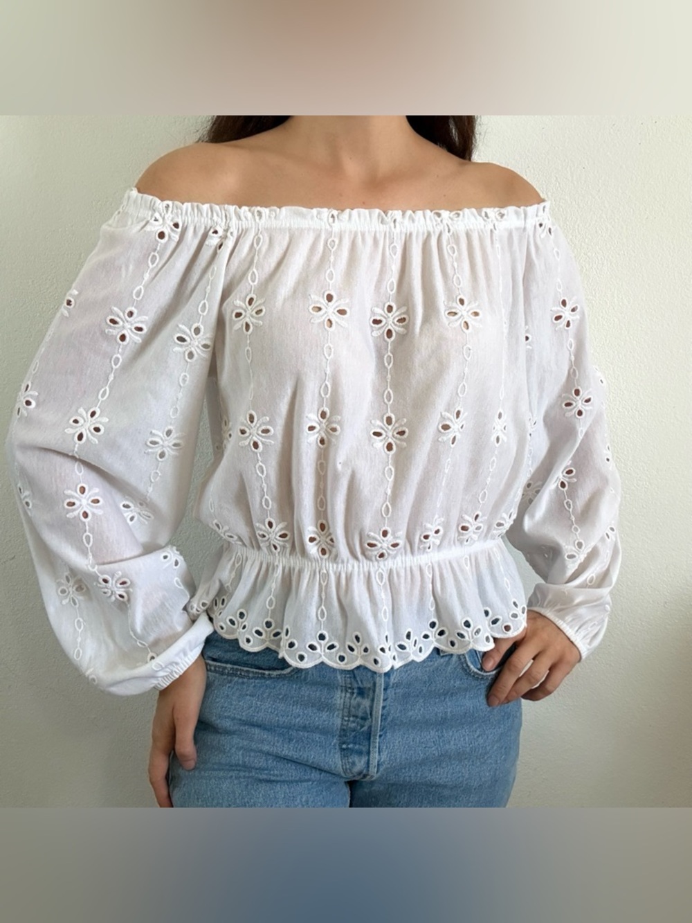 White eyelet off the shoulder long sleeve blouse top boho prairie cottage large